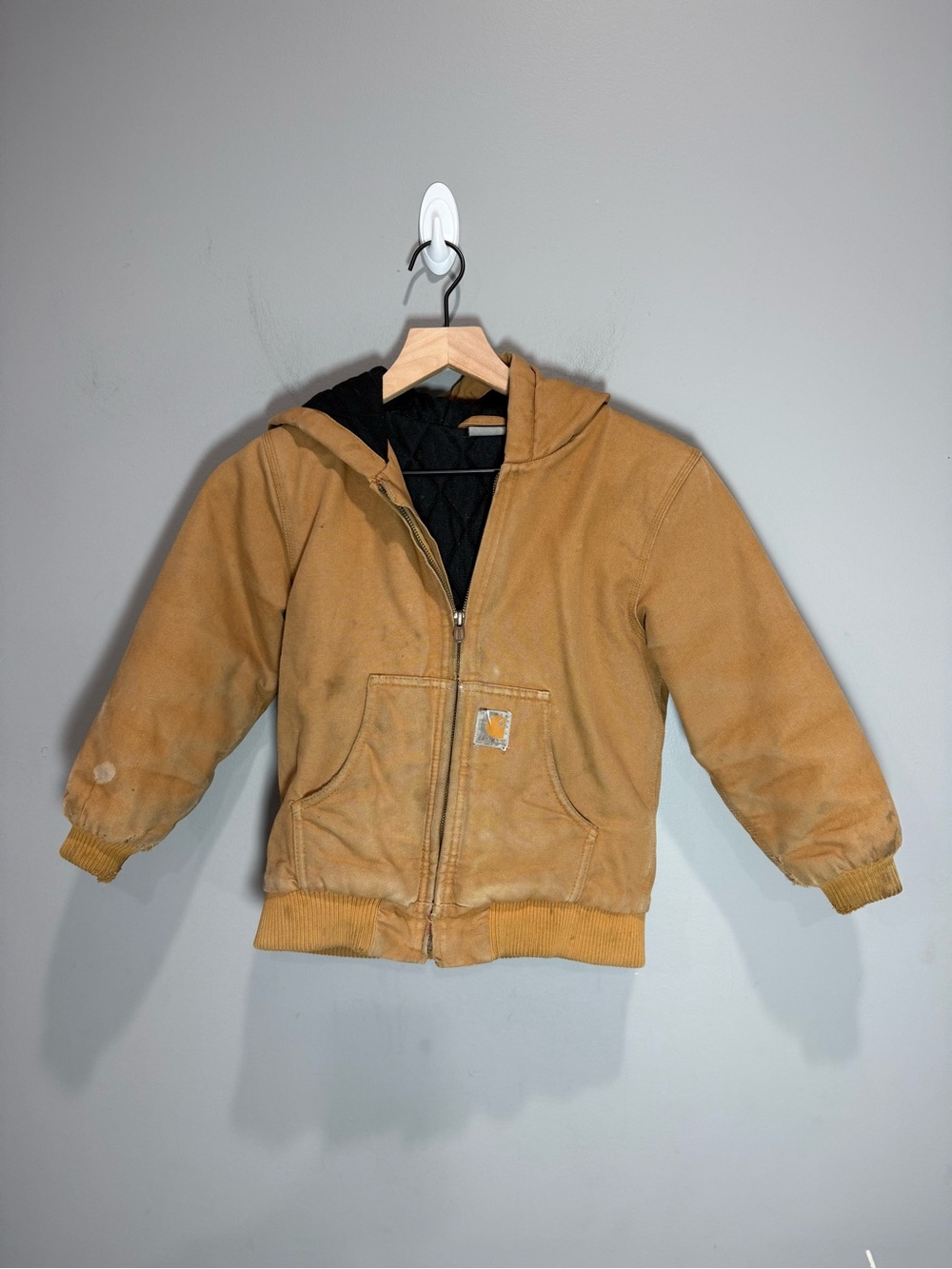 Carhartt Kids Hooded Canvas Work Jacket Brown Size S 7-8 Distressed